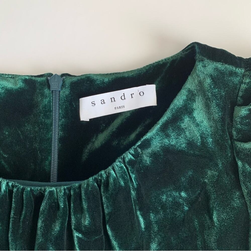 Sandro Stuarty Dark Green Velvet Belted Puff Sleeve Mini Dress Size 3 Large - Picture 5 of 14